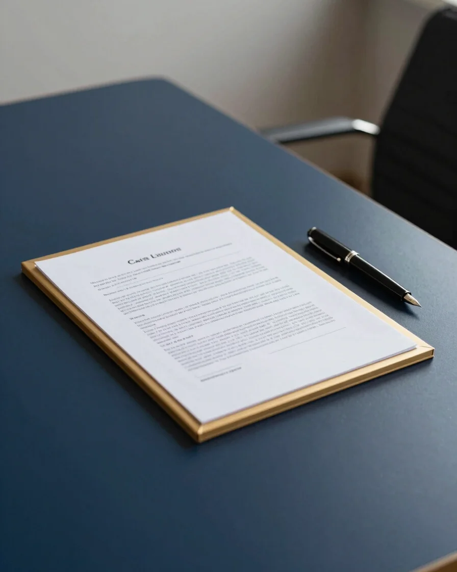 Carefully framed business document on a navy desk with a fountain